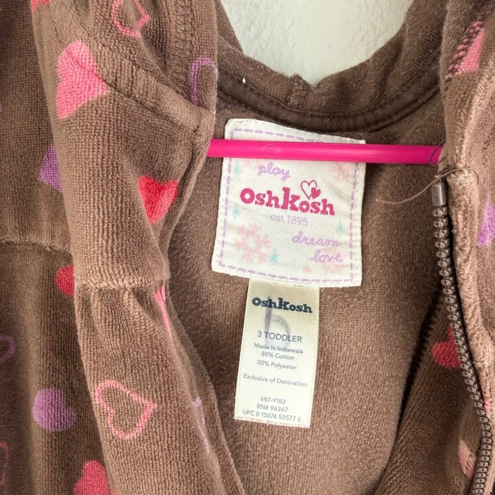 OshKosh 3T‎ Brown Velour Heart Hoodie Zip Up Y2K Toddler Jacket Girls